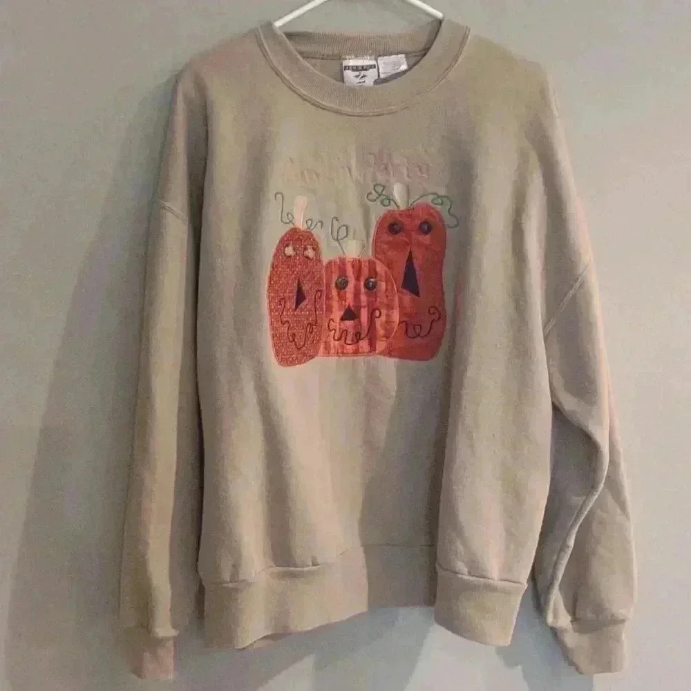 Vintage Jerzee‎ quilted pumpkin party crewneck tan sweatshirt women's Xlarge